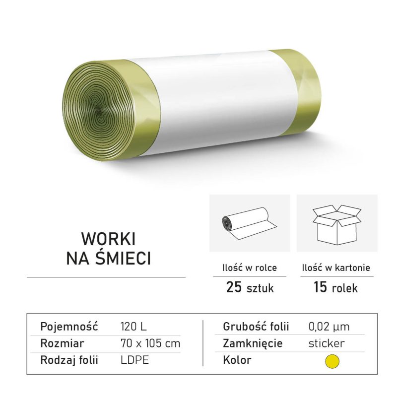 120L.LDPE Żółte (25 rolek x 15 szt. w kartonie) kopia