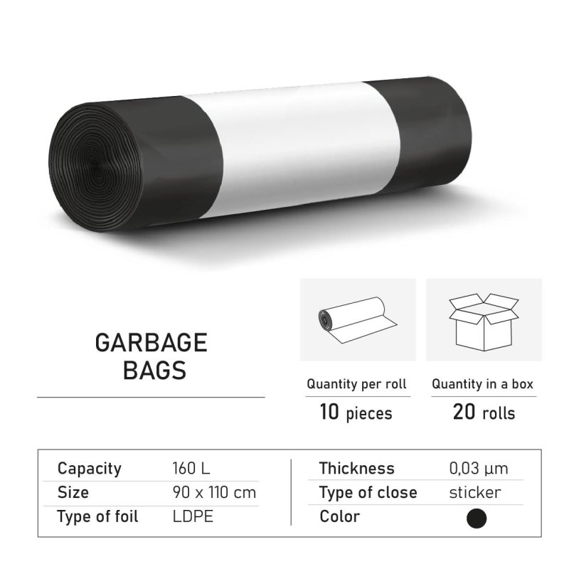 Garbage bags LD 160 liters black with sticker
