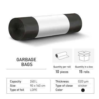 Garbage bags LD 240 liters black with sticker – thickness 0,03 μm