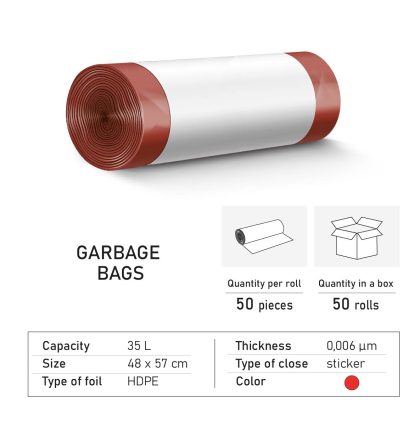 Garbage bags HD 35 liters red with sticker