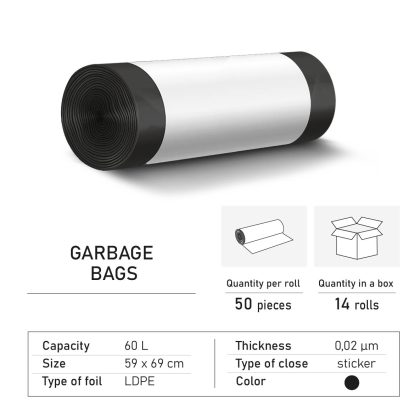 Garbage bags LD 60 liters black with sticker – 50 pieces in a roll